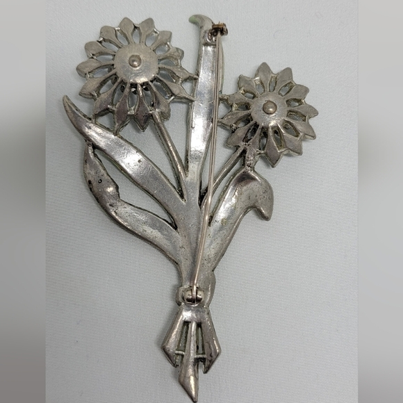 1930's/40's Enamel art Deco dual flower bouquet swing pin brooch unsigned - Picture 4 of 5